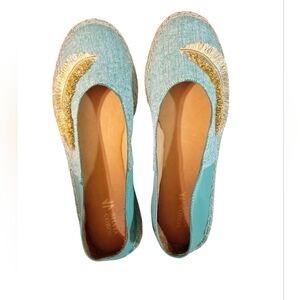 NIB Silvia Cobos "Feather" Fringe Green Espadrilles.
